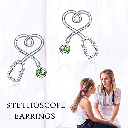 Stethoscope Earrings 925 Sterling Silver Heart Studs Earrings 12 Months Birthstone Crystals from Austria, Graduation Jewelry Gifts for Nurse Doctor RN Medical Student - color: Simulated Peridot