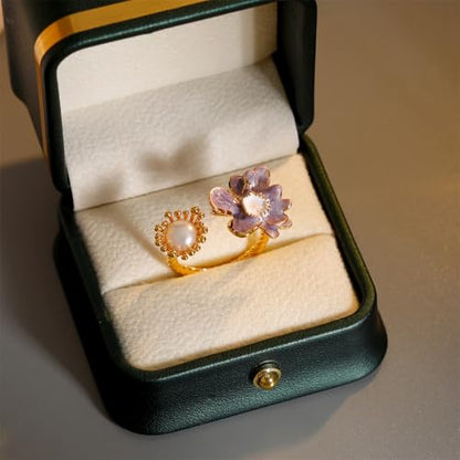 Kokoma Flower Pearl Statement Ring for Women Trendy Enamel Purple Floral Pearls Wrap Adjustable Open Band Rings Engagement Promsie Bands Jewelry