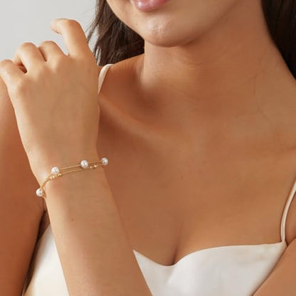 NECOCY 14K Gold Plated Pearl Bracelets for Women, Dainty Bracelets Stack Trendy Pearls Beaded Link Chain Charm Bracelets Set Layered Tiny Wedding Prom Jewelry Gift for Women Mother's Day Graduation - style: Style-1