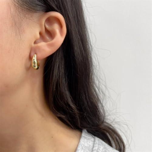 Danity CZ Star Teardrop Small Hoop Earrings for Women 14k Gold/Silver Plated Chunky Crystal Cubic Zirconia Oval Thick Huggie Hoops Hypoallergenic Fashion Trendy Jewelry - color: Gold