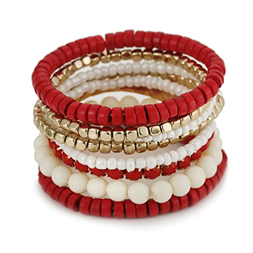 LUREME Boho Multi Strand Stackable Stretch Bracelet Set Wooden Cube Alloy Bead Bangle bl003172 - color: Red