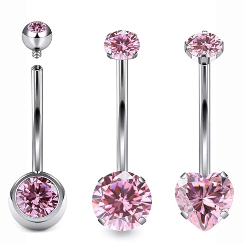 Belly Button Rings Surgical Steel Internally Threaded Belly Button Ring 10MM/12MM/14MM/16MM Navel Rings for Women Clear CZ 14G Long Bar Navel Piercing Jewelry - color: pink, size: 16mm bar length
