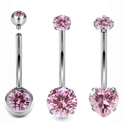 Belly Button Rings Surgical Steel Internally Threaded Belly Button Ring 10MM/12MM/14MM/16MM Navel Rings for Women Clear CZ 14G Long Bar Navel Piercing Jewelry - color: pink, size: 16mm bar length
