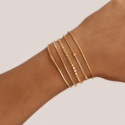 Gold Bracelets for Women, 14K Gold Plated Stackable Bracelet Stack Set Adjustable Charm Paperclip Chain Snake Link Layered Waterproof Jewelry Sets Gifts - style: Bracelets Set /8