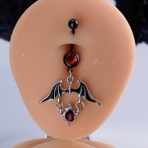 14G Black Bat Crystal Dangle Belly Button Ring for Women 316L Surgical Steel Red Cubic Zirconia Dangling Belly Navel Barbell Rings Halloween Gothic Body Piercing Jewelry