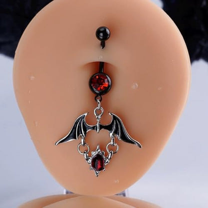 14G Black Bat Crystal Dangle Belly Button Ring for Women 316L Surgical Steel Red Cubic Zirconia Dangling Belly Navel Barbell Rings Halloween Gothic Body Piercing Jewelry