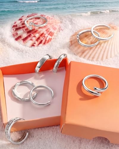 9PCS Toe Rings for Women Non Tarnish - Adjustable 14K Gold Filled Toe Ring | Silver Dainty Open CZ Toe Rings Set,Waterproof Summer Beach Foot Jewelry - color: Silver