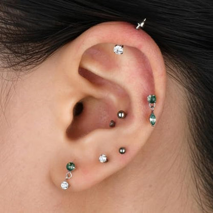 1PC ASTM F136 Titanium Push Pin Moss Agate Stone Flat Back Earrings 16G 8mm for Helix Conch Tragus - color: Teardrop-18KPG