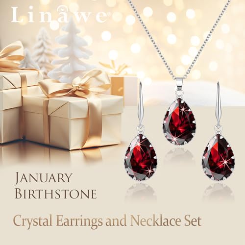 Linawe Crystal Jewelry Sets for Women, Imitation Diamond Pendant Necklace, Rhinestone Drop Dangle Earrings, Birthstone Cubic Zirconia Matching Wedding Jewelry, 14K Gold/Rose Gold/Silver Tones - color: Silver,Burgundy,Jan