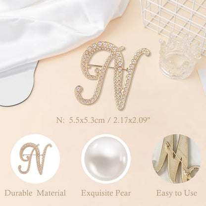 A-Z Initial 26 Letter Brooch Pins, Gold Faux Pearl Alphabet Badges Breastpin for Hat Bag Dress Coat Suit Accessory, Elegant Name Personalized Gifts for Women Men - color: N