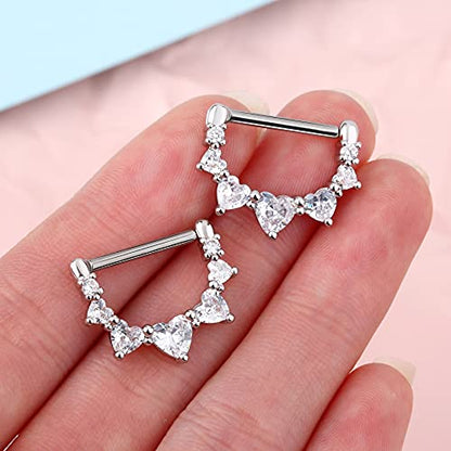 Melighting 2pcs 14G Nipple Rings Surgial Steel 316L Piercing Jewelry Shiny Heart Clear CZ Nipple Bars Rose Gold 14mm - color: white gold