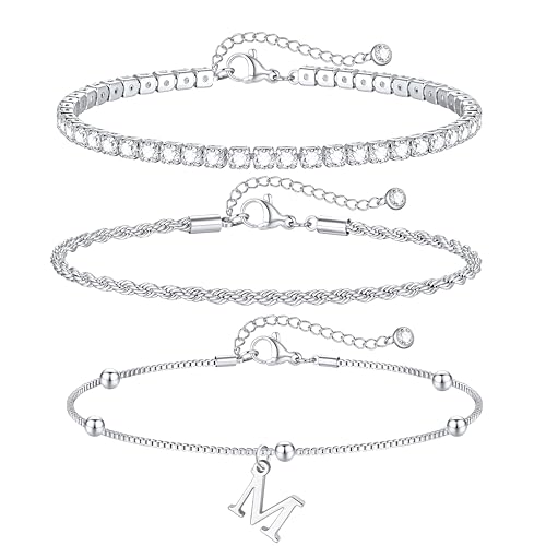 Gold Bracelets for Women Girls - Dainty Gold/Silver Bracelet Stack Jewelry Set Personalized Initial Bracelets Cute Stackable Rope Box Chain Tennis Bracelets Gifts for Women Teen Girl Gifts - color: M-Silver