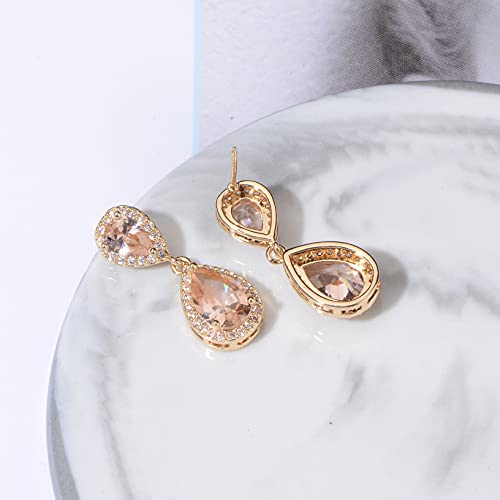 Pave Teardrop Earrings for Wedding Sterling Silver Double Pear Shaped CZ Cubic Zirconia Crystal Rhinestone Birthstone Dangle Earrings Bridal Jewelry for Bride Bridesmaids - color: Champagne-14K Gold Plated