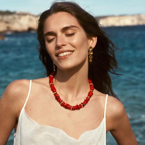 Colorful Irregular Beaded Necklace for Women Resin Jewelry Gift | Trendy Statement Bead Choker Necklaces Summer Beach Boho Charm Accessories Stuff - color: Red
