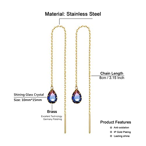 WANGGAO Stainless Steel Water Drop Long Chain Earrings for Women Linear Crystal Threader Earrings Jewelry - color: Blue
