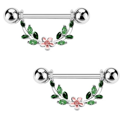 2pcs 14G Nipple Rings Flower Nipple Bars Surgial Steel 316L Nipple Piercing Jewelry Heart Nipple Barbell for Women - color: green