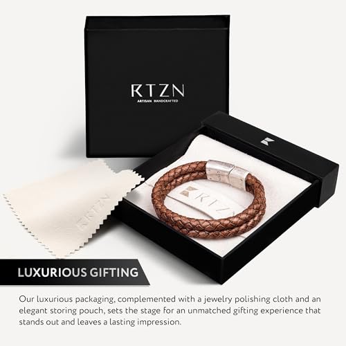 RTZN® Brown Leather Bracelet for Men – Premium Artisan Handcrafted Mens Leather Bracelet – Multi-Stand Mens Bracelet Leather Collection | Beaded Tiger Eye, Silver Chain, and Braided Brown Leather - color: Double Braided, size: Medium