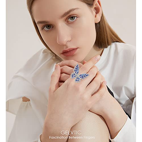 Butterfly Rings for Women Adjustable Golden Cocktail Ring Sparkly Stones Statement Silver Bow Open Wrap Bow Jewelry Bridesmaids Wedding Valentine’s Day Gift Lover Mother - color: JZ03-Silver Blue