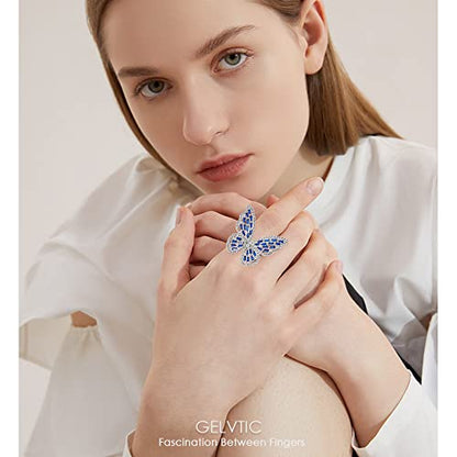 Butterfly Rings for Women Adjustable Golden Cocktail Ring Sparkly Stones Statement Silver Bow Open Wrap Bow Jewelry Bridesmaids Wedding Valentine’s Day Gift Lover Mother - color: JZ03-Silver Blue
