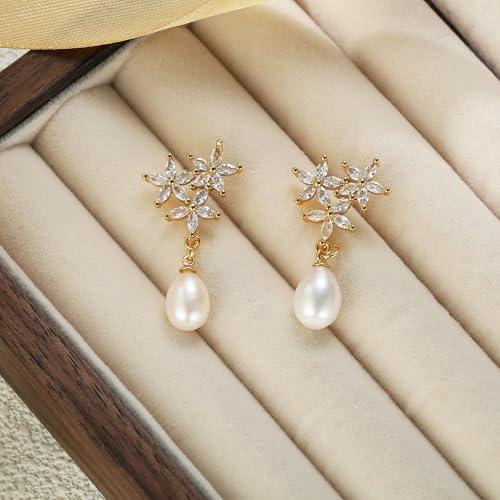 Crysdue Simulated Pearl Earrings for Women, Dainty Silver/Gold/Rose Gold Plated Cubic Zirconia Drop Dangle Earrings Wedding Jewelry for Bride Bridesmaid - style: M_CZ+ pearl, Gold