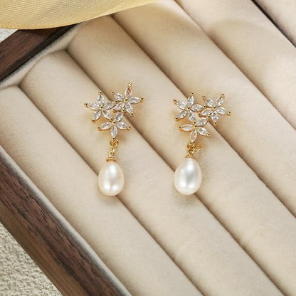 Crysdue Simulated Pearl Earrings for Women, Dainty Silver/Gold/Rose Gold Plated Cubic Zirconia Drop Dangle Earrings Wedding Jewelry for Bride Bridesmaid - style: M_CZ+ pearl, Gold