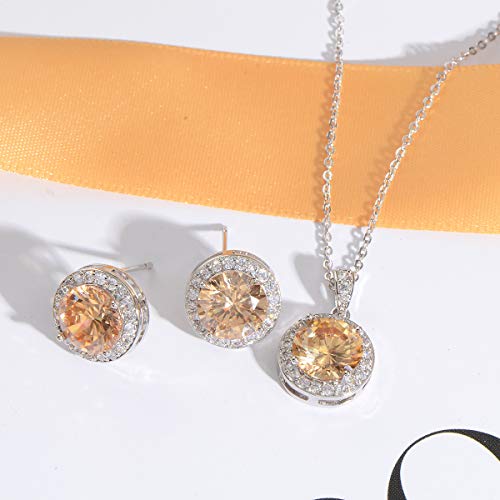 Bridal Crystal Jewelry Set - Sterling Silver Round Cubic Zirconia CZ Rhinestone Halo Birthstone Pendant Necklace Stud Earrings Set for Wedding Bride Bridesmaids Birthday Gift - color: Citrine Champagne