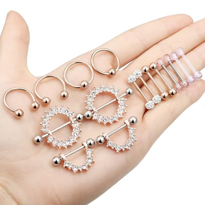 Cisyozi 16G 14G Nipple Piercing Jewelry Tongue Rings Hypoallergenic Surgical Steel Screw Nipple Tongue Shield Ring Barbell Body Piercing Jewelry Retainer for Women 9/16 Inch 14mm - color: I:8Pairs-16g(1.2mm)-Rose Gold