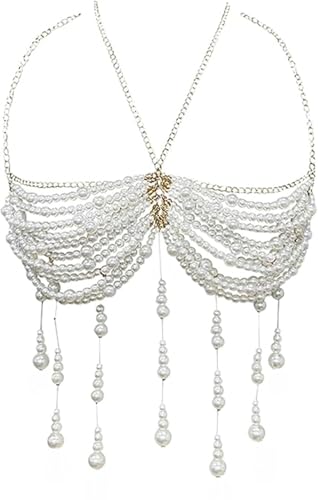 False Pearl Body Chain Shoulder Necklace Pearl Top Bikini Pearls Shoulder Chains Bra Jewelry Summer Beach Beaded Underwear Chain Wedding Festival Rave (Bikin)