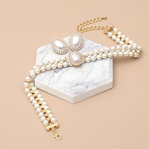 S SUSANN Costume Layered Twisted Gold Pearl Necklace Choker Chunky Glass Statement Pearl Necklace and Earring set, good gift for women Faux pearl necklace set - style: white rhinestones short choker