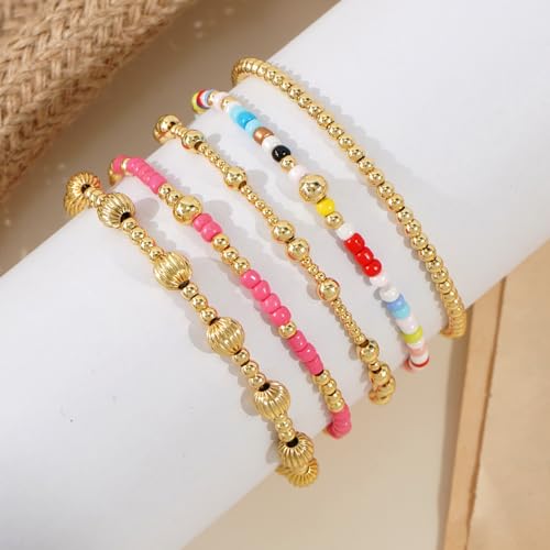 Colorful Gold Plated Stackable Ball Seed Beaded Bracelets Set For Women, Boho Handmade Romantic Stretch Accessories Jewelry, Daily Wear Holiday Party Friendship Gift - color: Lantern