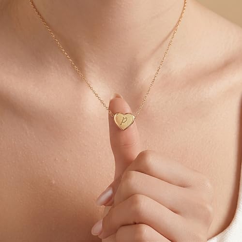 18k Gold Plated Heart Pendant Letter Necklaces for Girls Stainless Steel Initial Necklace for Women Birthday Gifts for Girls Women - color: Brushed Gold, style: Letter P