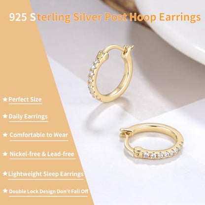 14K Gold Plated Hoop Earrings for Women with 925 Sterling Silver Post, Lightweight Small Hoop Earrings 15mm/20mm Huggie Hoop Earrings - color: CZ Hoop - 14K Gold Plated, size: 15MM
