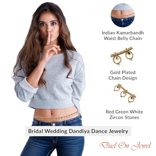 Duel On Jewel Indian Kamarbandh Waist Belt for Women, Gold Plated Waist Belly Dancer’s Chain with Zircon Accents, Adjustable Bridal Wedding Dandiya Party Dance Jewelry, Traditional Ethnic Hip Chain - style: Bollywood