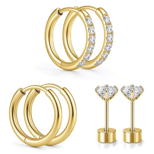 Silver/Gold Stud Hoop Earrings:Hypoallergenic Surgical Stainless Steel Small Cartilage Huggie Hoop Earrings Flat Back Earrings Screw Back and Flatback Stud Earrings for Women Multiple Piercing Sensitive Ears - style: Gold-(6mm+6mm)hoop earrings+4mm cz stu