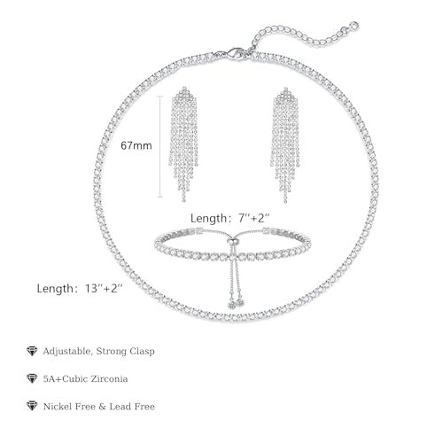 HAXIYA Tennis Necklace Bracelet for Women, Sterling Sliver Jewelry Set, Silver/Gold Chocker Necklace, Crystal Bracelet for Women, Wedding Jewelry for Bride, Sparkly Party Prom Hypoallergenic - color: Tassle Set of 3 - Silver