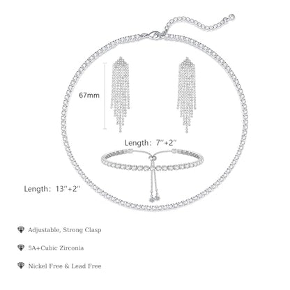 HAXIYA Tennis Necklace Bracelet for Women, Sterling Sliver Jewelry Set, Silver/Gold Chocker Necklace, Crystal Bracelet for Women, Wedding Jewelry for Bride, Sparkly Party Prom Hypoallergenic - color: Tassle Set of 3 - Silver