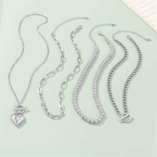 4pcs Layered Gold Necklace for Women NonTarnish Chunky Gold Necklace Retro Coin Heart Pendant Necklace Paperclip Chain Jewelry Set - color: silver