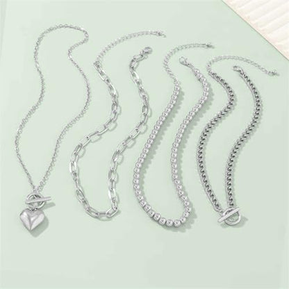 4pcs Layered Gold Necklace for Women NonTarnish Chunky Gold Necklace Retro Coin Heart Pendant Necklace Paperclip Chain Jewelry Set - color: silver