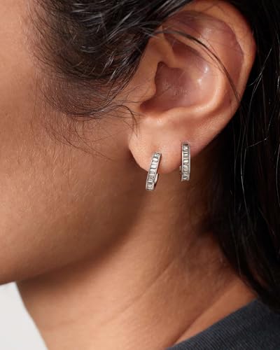 Me&Hz Gold Huggie Earrings Small Huggie Hoop Earrings for Women 14K Gold Plated Hypoallergenic Cubic Zirconia Huggies Mini Silver Hoop Earring for Women - color: Square - CZ, Silver
