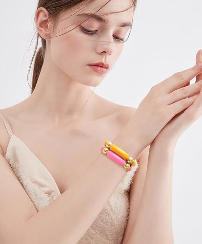 LALAPPLE Gold Plated Beaded Acrylic Bamboo Tube Bangle Bracelets for Women, Colorful Chunky Curved Tube With Gold Plated Pieces Beads Stretch Bracelet Friendship Summer Beach Jewelry - color: P-Orange&Watermelon red 2pcs