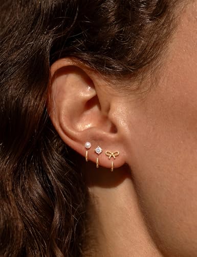 Freekiss 3 Pairs Backless Half Hoop Earrings Set for Women | 14K Gold Plated CZ Stay Close Hoop Earrings, Hypoallergenic Huggie Stackable Earring for Everyday & Sleep Wear Jewelry Gift - color: Pearl Bow CZ-GD