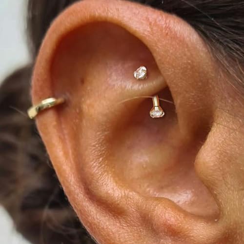 2 Pcs 14k Gold Filled Eyebrow Rings, 16G Threaded Rook Piercing Jewelry, Surgical Steel Vertical Lip Labret Belly Tongue Ring Daith Earring Curved Barbells - color: 6mm-1pcs CZ