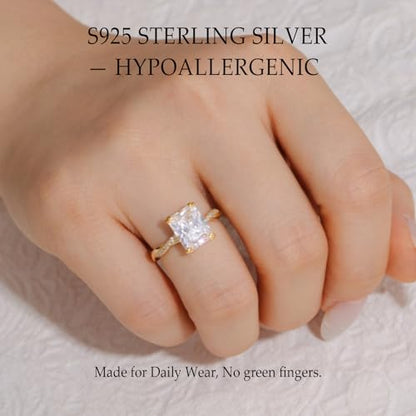 4CT Travel Engagement Ring, Radiant Cut 5A Cubic Zirconia Solitaire in Sterling Silver White Gold/14K Gold Plated Hypoallergenic Durable Comfort Fit, Perfect for Work Daily Wear Honeymoon - color: Gold