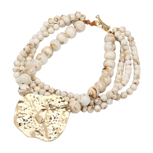 Multi Strand Bead Pendant Necklace for Women Stone Wood Pearl Jewelry | Gold Color Metal Charm Fashion Ethnic Tribal Elegant Statement - color: N1537-white