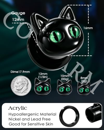 One Piece Halloween Cat Ear Gauges Plug,0G-1/2In Saddle Plug for Ears, 316L Surgical Steel Ear Stretching Piercing Jewelry - size: BK-1/2"(12mm)