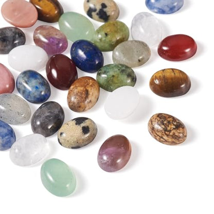 KISSITTY 28Pcs Gemstone Cabochons 14 Styles 6×8mm Round Oval Gemstones Cabochon Semi-Precious Natural Gems Crystal Stones Cabochons For Jewelry Making Bracelet Necklace Earring Pendant