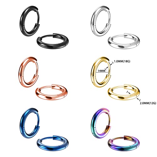 316L Surgical Stainless Steel Small Hoop Earrings 8mm 10mm 12mm 14mm Hypoallergenic Huggie Hoop Earrings Helix Lobes Hinged Sleeper Earrings Cartilage Piercings - color: D: Diameter 14mm (6 Color),6 Pairs