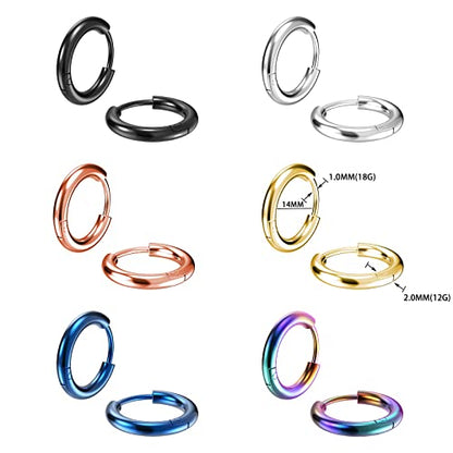 316L Surgical Stainless Steel Small Hoop Earrings 8mm 10mm 12mm 14mm Hypoallergenic Huggie Hoop Earrings Helix Lobes Hinged Sleeper Earrings Cartilage Piercings - color: D: Diameter 14mm (6 Color),6 Pairs