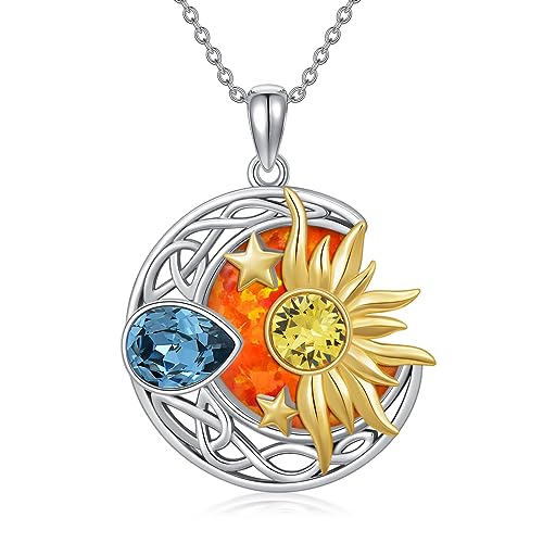 AOBOCO 925 Sterling Silver Moon Sun Star Necklace Celtic Jewelry for Women Girls - color: Silver&Gold&Orange Opal
