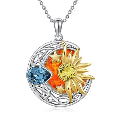 AOBOCO 925 Sterling Silver Moon Sun Star Necklace Celtic Jewelry for Women Girls - color: Silver&Gold&Orange Opal